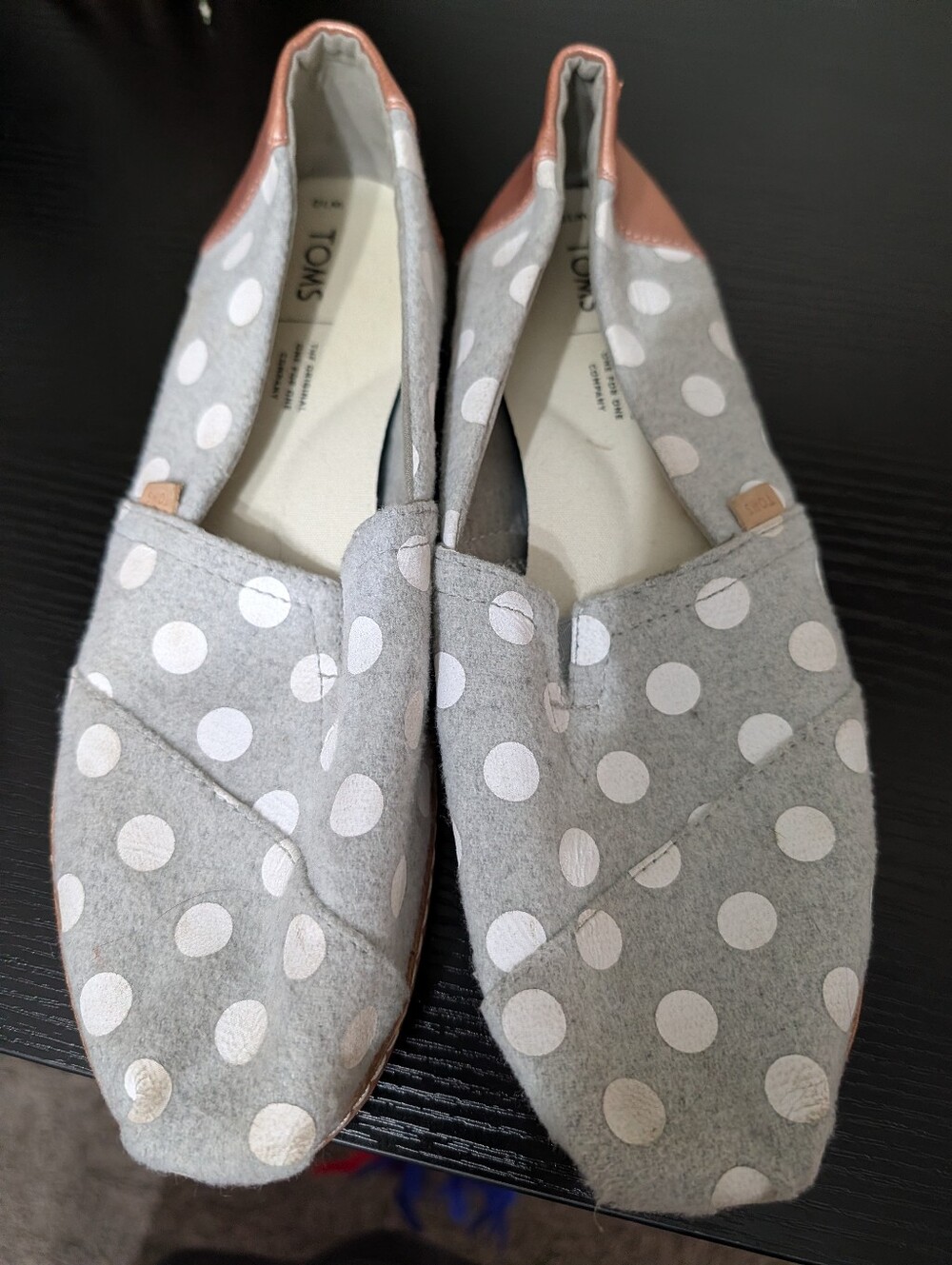 Toms Gray Polka Dot Slip-On Flats with Tan Trim